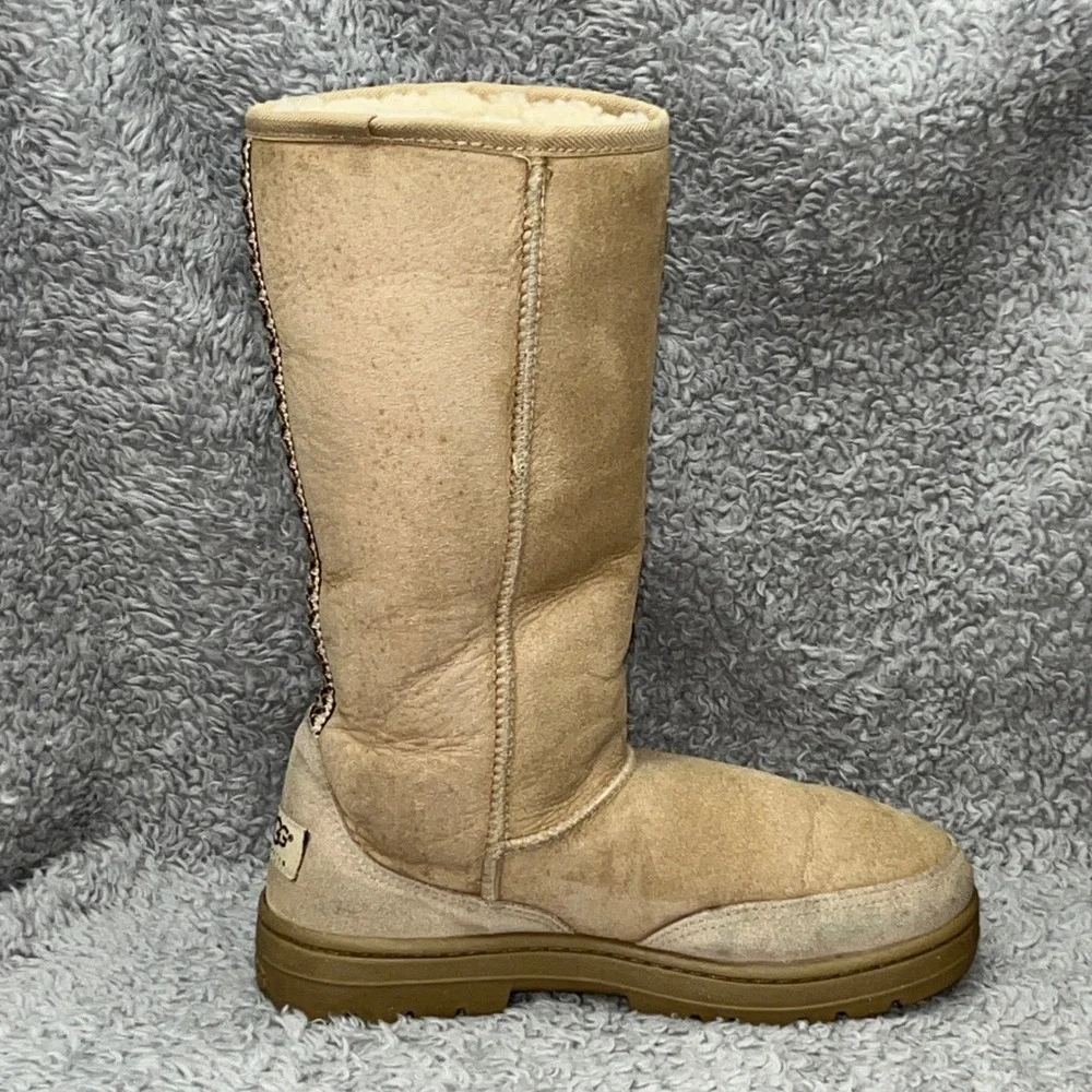 UGG Ultra Tall Boots Womens 6 Sand‎ Sheepskin Embroidered Braid 5245 Made in NZ